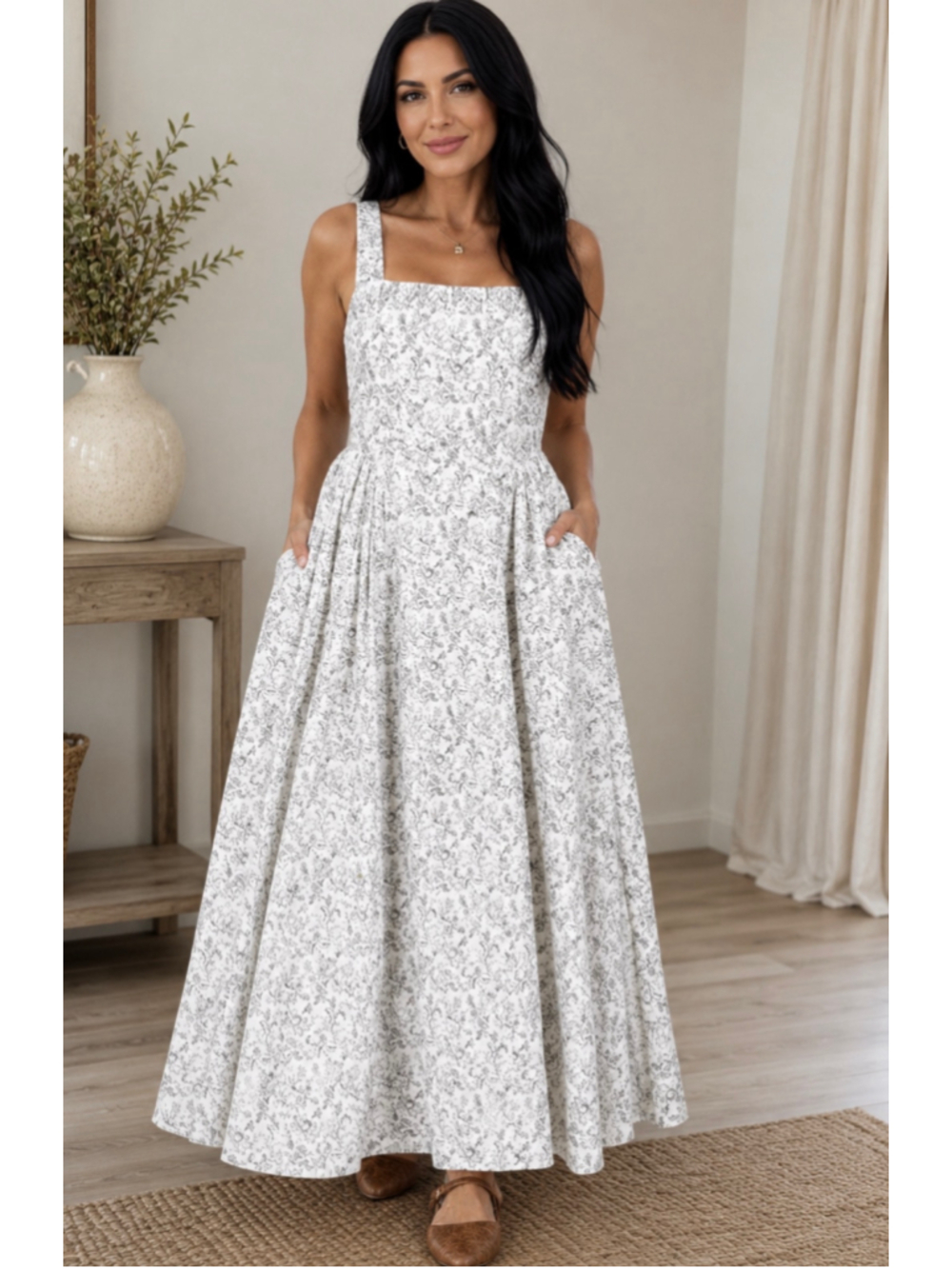 Women's Ivory with Grey Floral Print Maxi Dress L